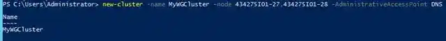 PowerShell window displaying command to create a Windows Server cluster with DNS access point