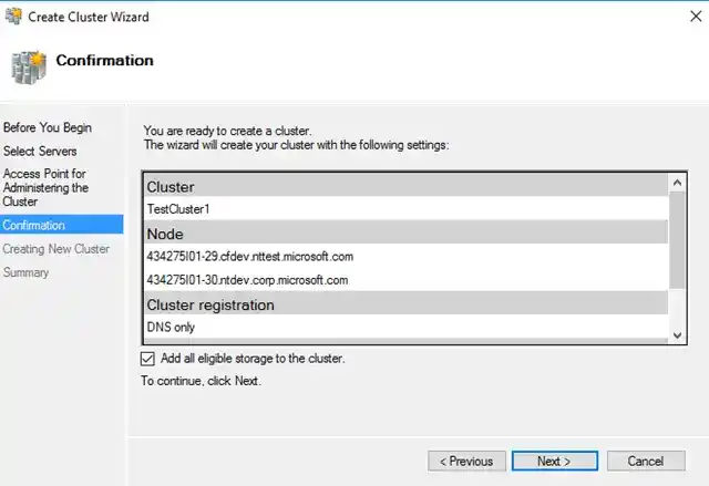 Screenshot of the Create Cluster Wizard in Windows Server showing the confirmation step with cluster name 'TestCluster1', two nodes listed, DNS-only registration, and a checkbox to add eligible storage.