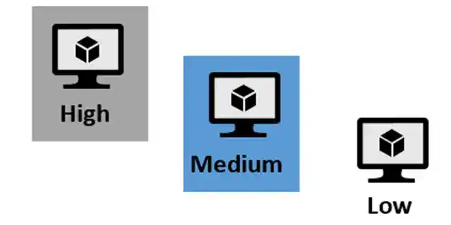 Icons of computer monitors with cube graphics labeled High, Medium, and Low quality on colored backgrounds