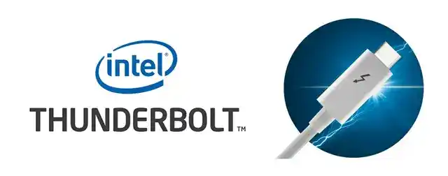 Intel Thunderbolt logo with USB-C cable and lightning graphics symbolizing high-speed data transfer