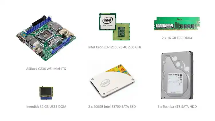Labeled computer hardware components for server build including motherboard, Xeon CPU, ECC RAM, SSDs, and HDDs