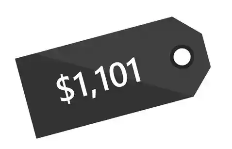 Black price tag with white text displaying $1,101 and hole for attaching to merchandise