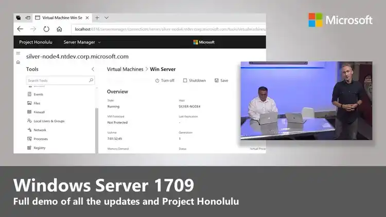 Promotional slide showing Windows Server 1709 demo with Project Honolulu interface and two presenters