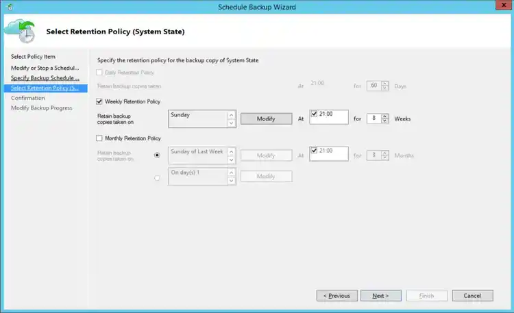 Screenshot of Schedule Backup Wizard showing retention policy options for system state backups