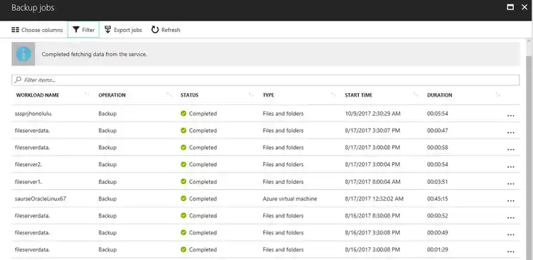 Screenshot of Backup Jobs interface showing completed file and virtual machine backups with timestamps and durations