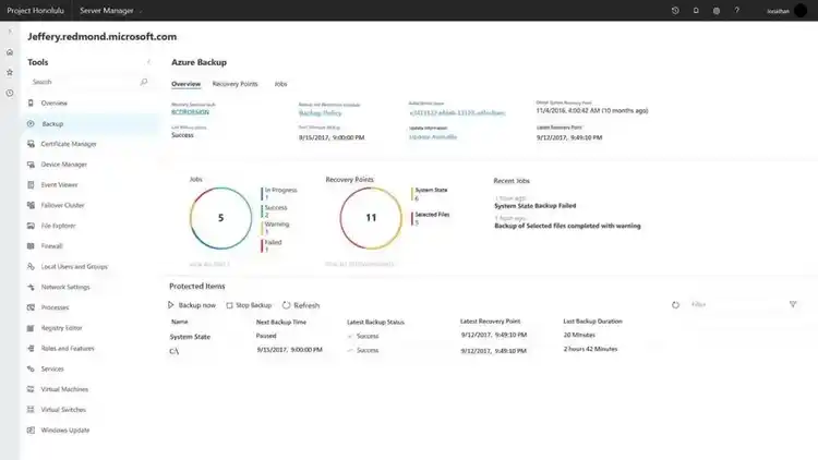 Windows Admin Center Azure Backup interface with job results, recovery points, and system state for Jeffery server.