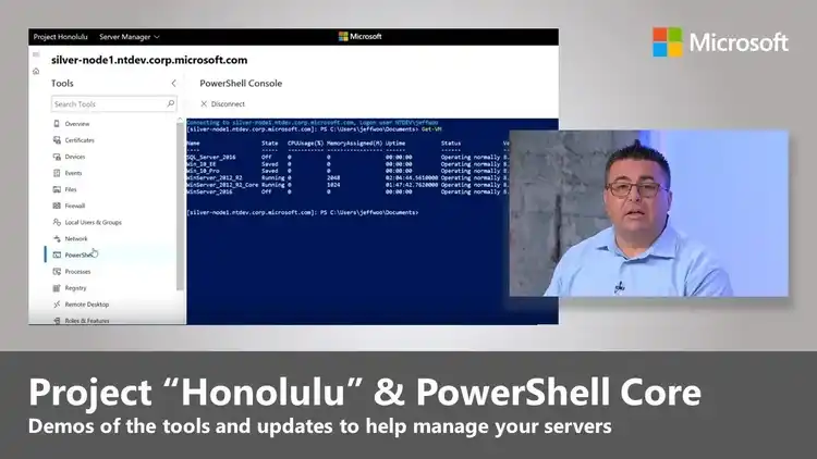 Microsoft demo showing Project Honolulu and PowerShell Core managing VMs with speaker explaining features.