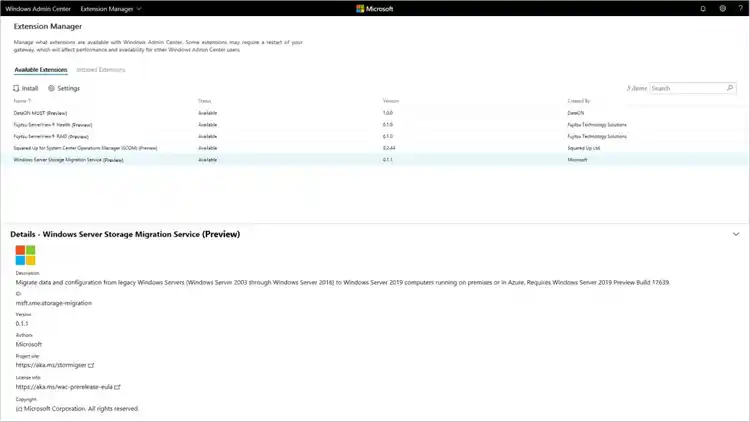 Windows Admin Center Extension Manager showing available extensions list with details for Storage Migration Service.