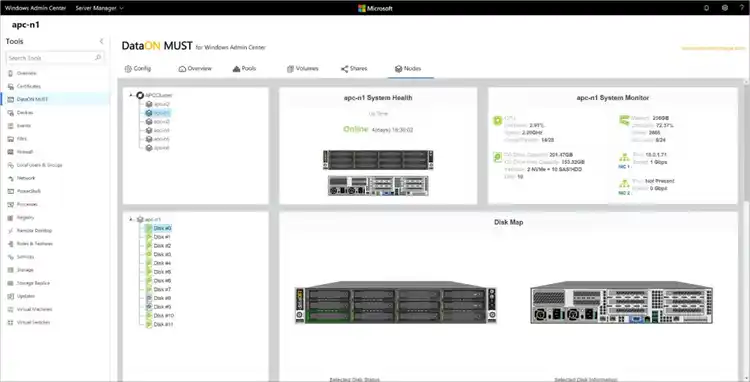 Windows Admin Center screenshot showing DataON MUST interface for apc-n1 with system health and disk layout.