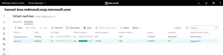 Server Manager VM inventory in Windows Admin Center with uptime, memory, and disaster recovery status for two VMs.