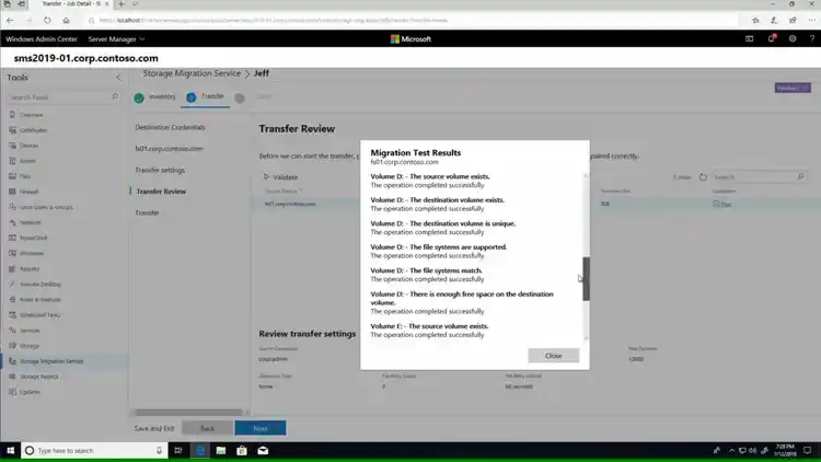Storage Migration Service validation results for Volume D in Windows Admin Center with successful pre-transfer checks.