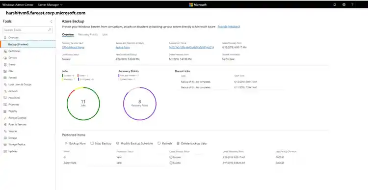 Windows Admin Center Azure Backup overview for server harshitvm6 showing backup status, job metrics, and recovery points.