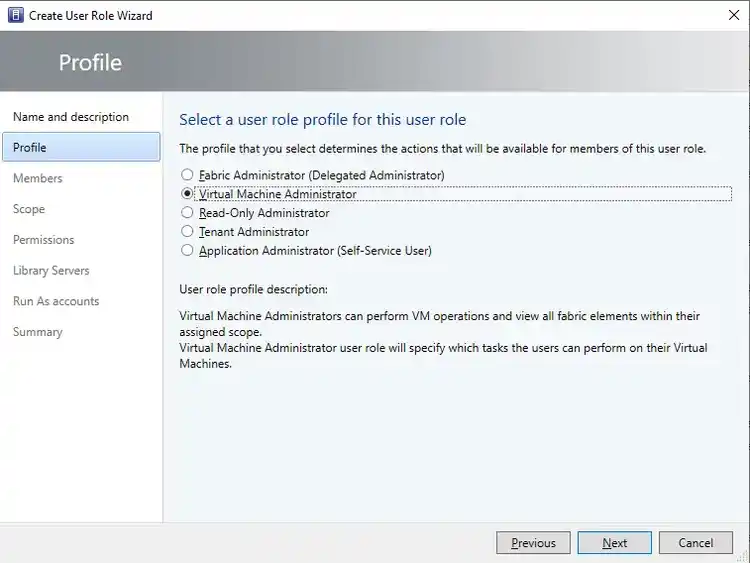 User role configuration screen with VM administrator profile selected in system management wizard interface.