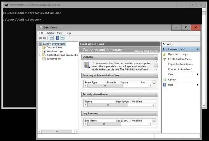 Screenshot of Windows Event Viewer opened via Command Prompt, displaying log summaries and system diagnostics.