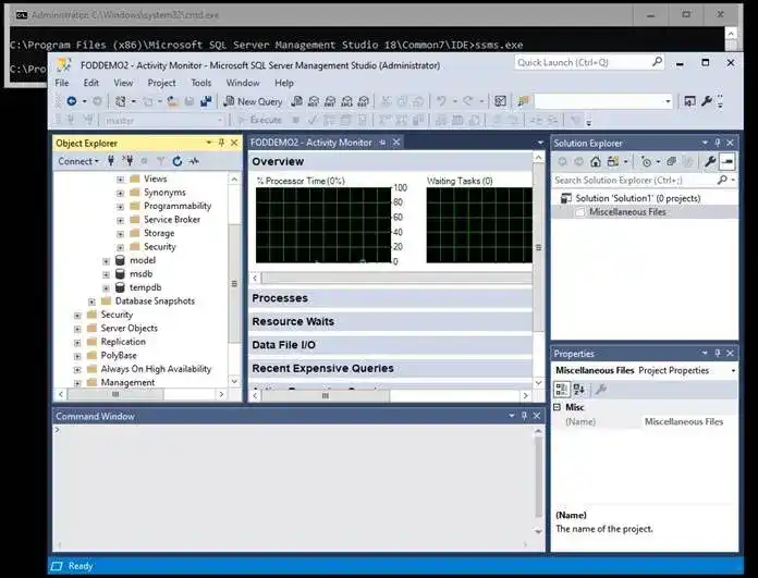 SSMS dashboard with database object tree, system performance metrics, and solution file explorer on Windows.