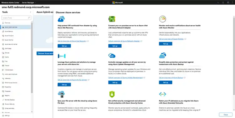 Azure hybrid services dashboard in Windows Admin Center with setup links for Site Recovery, Arc, Monitor, and Backup.