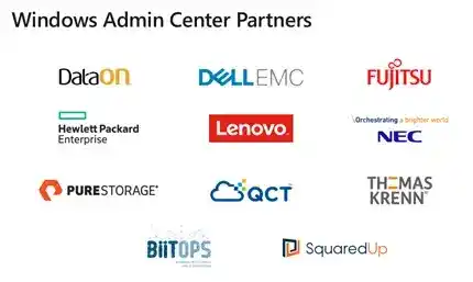 Windows Admin Center partner logos including DataON, Dell EMC, Fujitsu, HPE, Lenovo, NEC, PureStorage, QCT, and others.