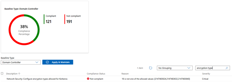 Screenshot of Windows Admin Center, showing a not compliant audit report for the Domain Controller Security Baseline