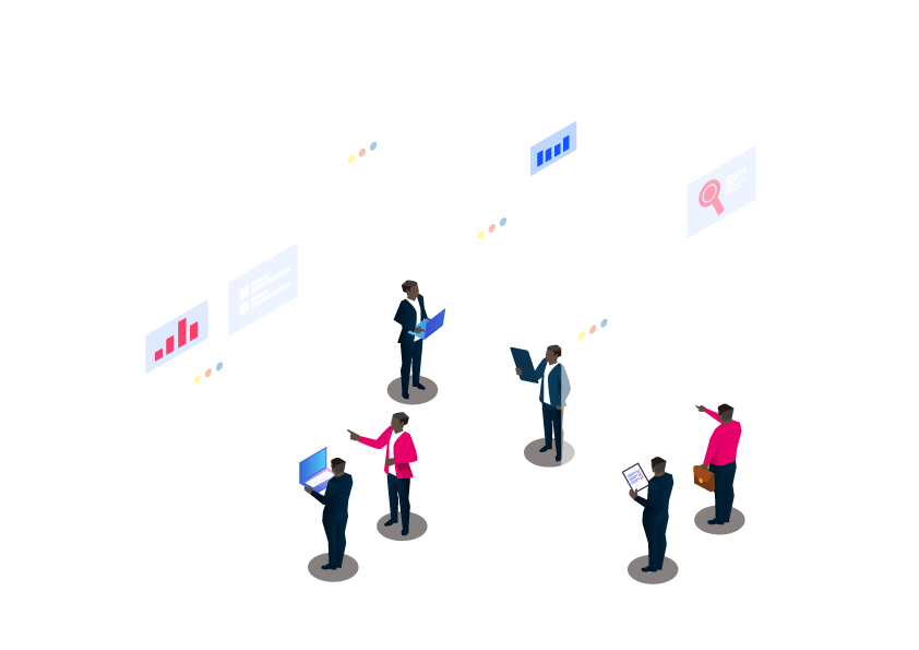 Isometric diverse professionals collaborating on data analysis using multiple screens. It represents teamwork, data-driven decision-making, and inclusivity in a modern workplace.
