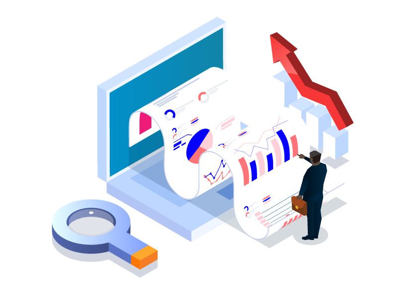 Isometric Black business professional analyzing data on a screen with a rising arrow. It symbolizes growth, analytics, and strategic planning, highlighting the importance of data in business success.