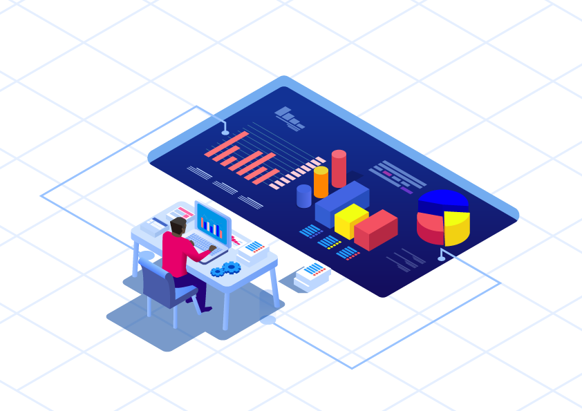 Isometric Black data analyst working at a desk with a computer displaying charts and graphs, with a larger screen showcasing various data visualizations. Emphasis on data analysis and technological solutions.