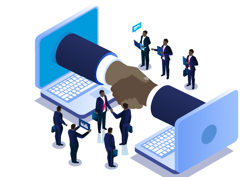 Isometric illustration of a digital handshake emerging from laptops, surrounded by diverse business professionals. Symbolizes online collaboration and global partnerships.