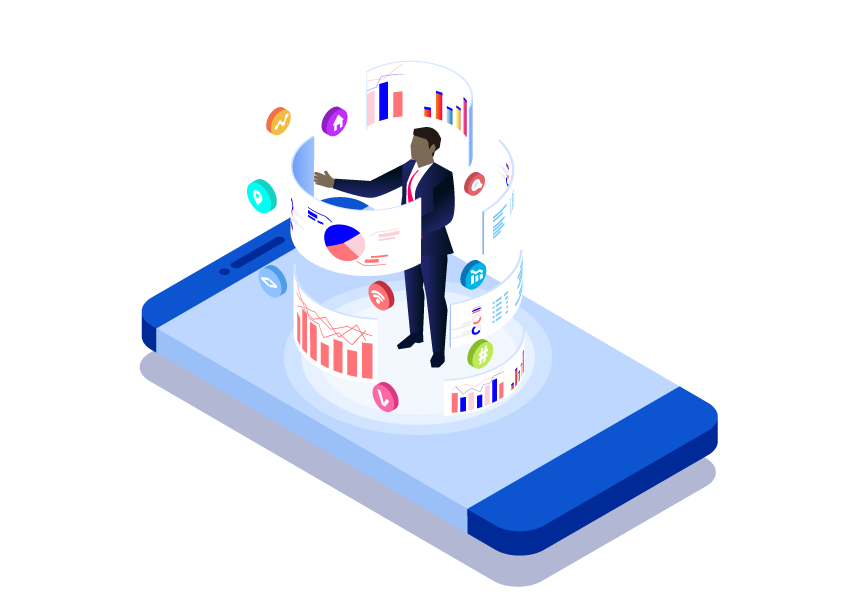 Isometric Black professional standing on a smartphone surrounded by data visualizations. Highlights mobile technology and data accessibility.