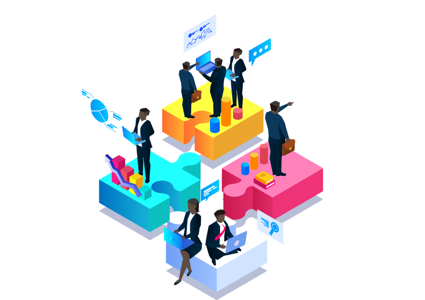 Isometric diverse business professionals collaborating on puzzle pieces, analyzing data, and using technology. Depicts teamwork, data analysis, and digital transformation in a modern workplace.