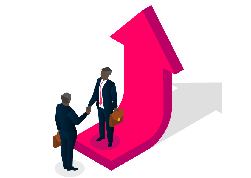Isometric two Black business professionals shaking hands on top of a rising arrow. Represents business growth and successful partnerships.