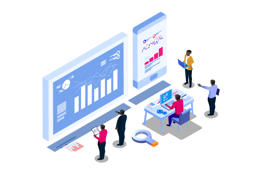Isometric data analytics team reviewing charts and graphs on various devices, highlighting Microsoft's data-driven approach to problem-solving and its commitment to data privacy and security.