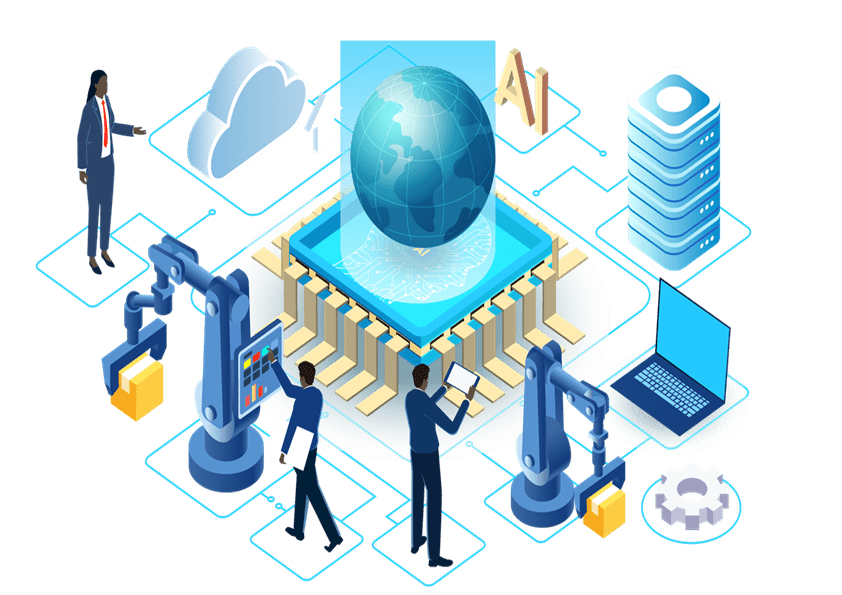 Isometric cloud computing, AI, and robotics, symbolizing Microsoft's focus on technological advancements that promote sustainability and ethical AI practices.