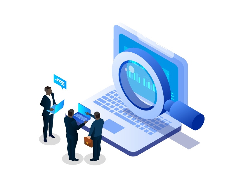 Isometric business professionals analyzing data on a laptop with a magnifying glass, emphasizing Microsoft's dedication to providing tools for informed decision-making and promoting transparency in business operations.