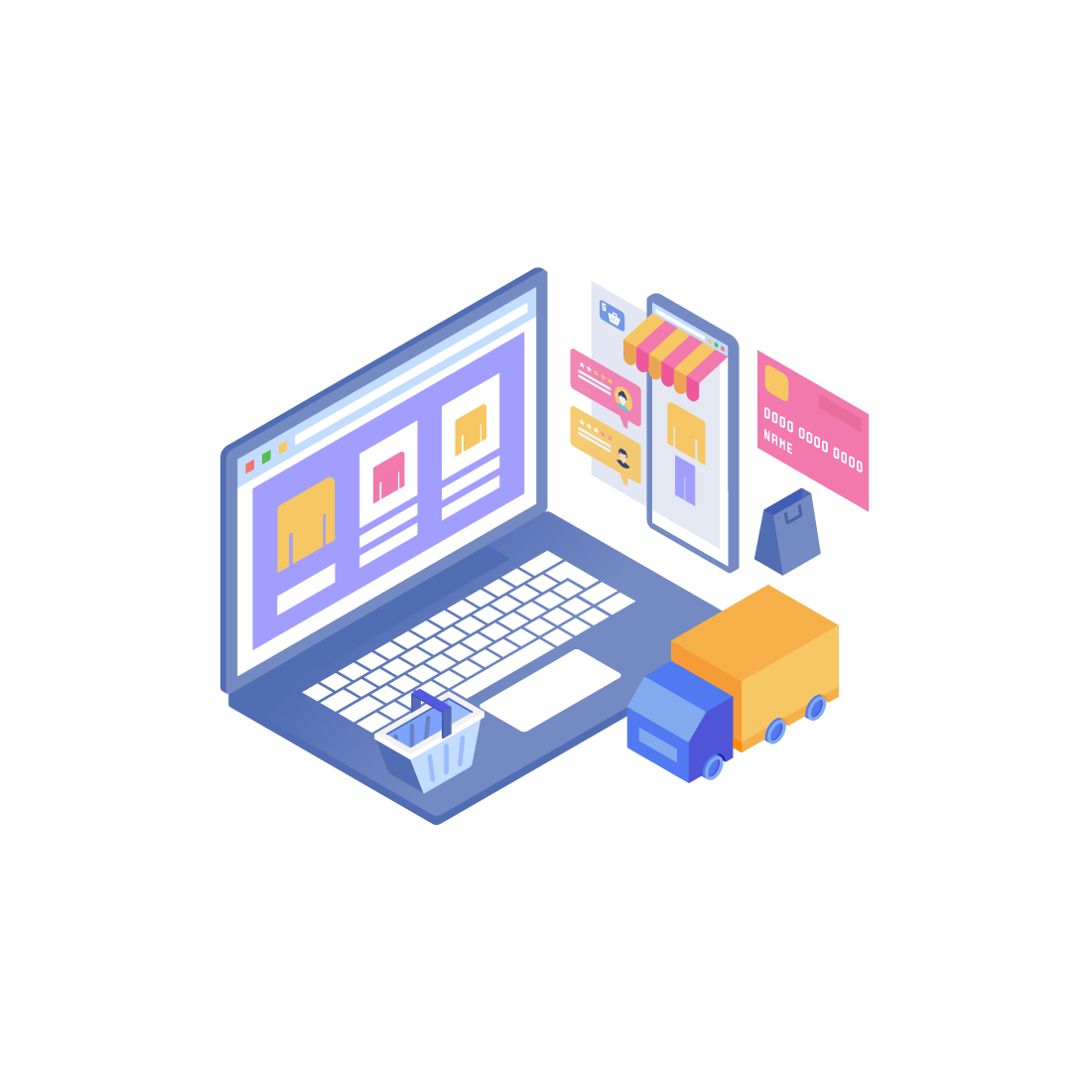 Isometric online shopping: a laptop displaying a product page, a smartphone with a shopping cart icon, a credit card, a shopping bag, and a delivery truck.