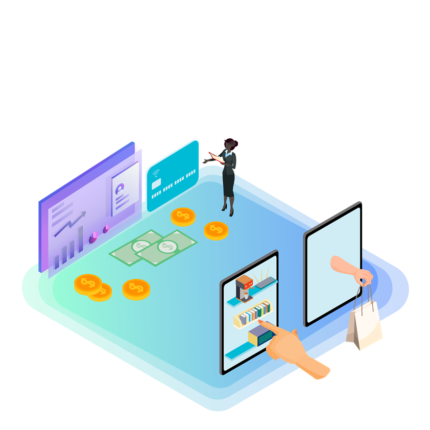 Isometric Black business woman in a suit standing next to a tablet with products, a credit card, money, and a hand reaching out of a tablet with a shopping bag.