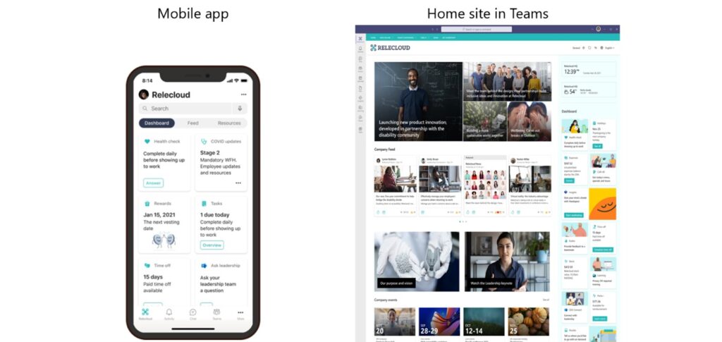 Side-by-side view of Viva Connections in mobile app and home site in Teams. 