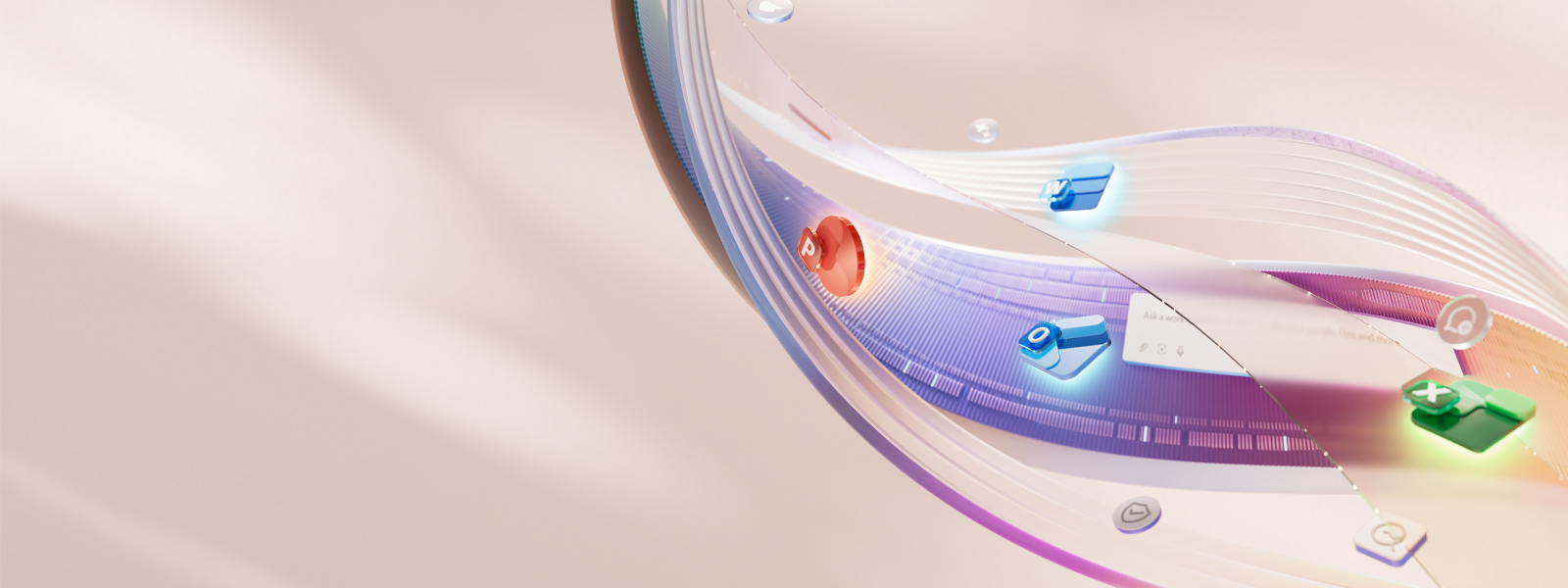 Abstract representation of Microsoft Office icons like PowerPoint, Outlook, and Excel on a wavy pink-purple background.