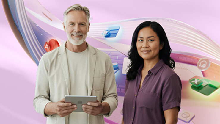 A man with a tablet and a woman are smiling in front of an abstract background with colorful app icons.