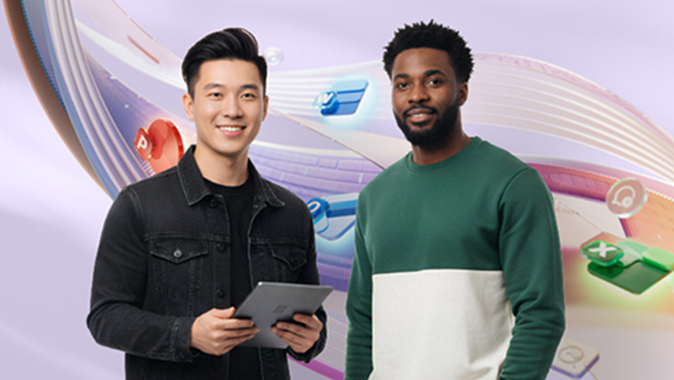 Two men, one holding a tablet, smile in front of an abstract background with colorful app icons.