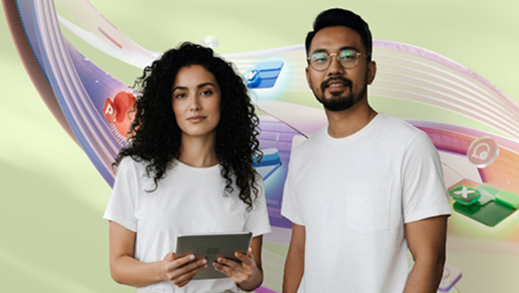 A woman with a tablet and a man in white T-shirts are standing in front of an abstract background with colorful app icons.