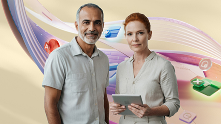 A man and a woman holding a tablet are standing in front of an abstract background with colorful app icons.