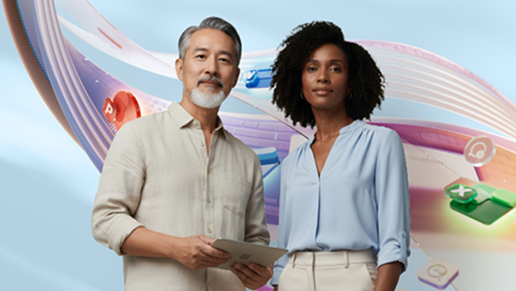 A man and a woman are standing in front of an abstract background with Microsoft Office icons and looking at the camera.