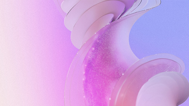 Abstract blue and purple ribbon-like shapes flowing across a light background.