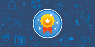 Blue badge icon with a yellow ribbon and white stars in the center, over a blue background featuring technology-themed illustrations.