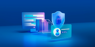 3D blue illustration of cybersecurity: layered UI windows, a shield with a padlock, and a user login card with a password field, on a glowing gradient background.