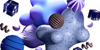 Abstract 3D composition of blue and purple shapes—spheres, cubes, swirls, and speckled blobs—on a white background.