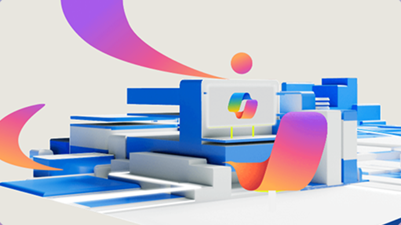 Abstract 3D geometric structure with layered blocks and colorful fluid shapes