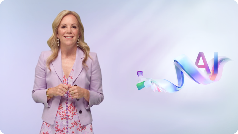 A person in a purple blazer and a floral dress stands in front of a background with the word 'AI' and a colorful wave.