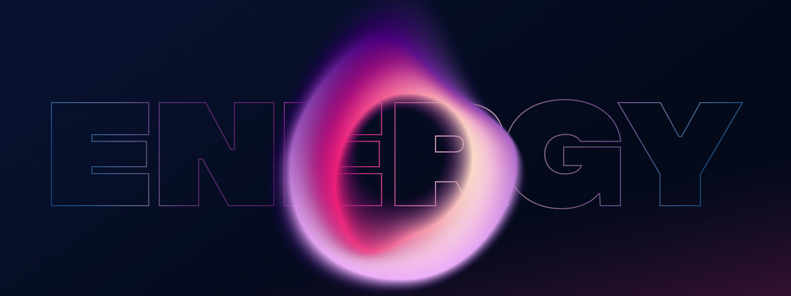Illustration of the word ENERGY in pink/purple colors, in a dark background with a flame hollow icon in the middle