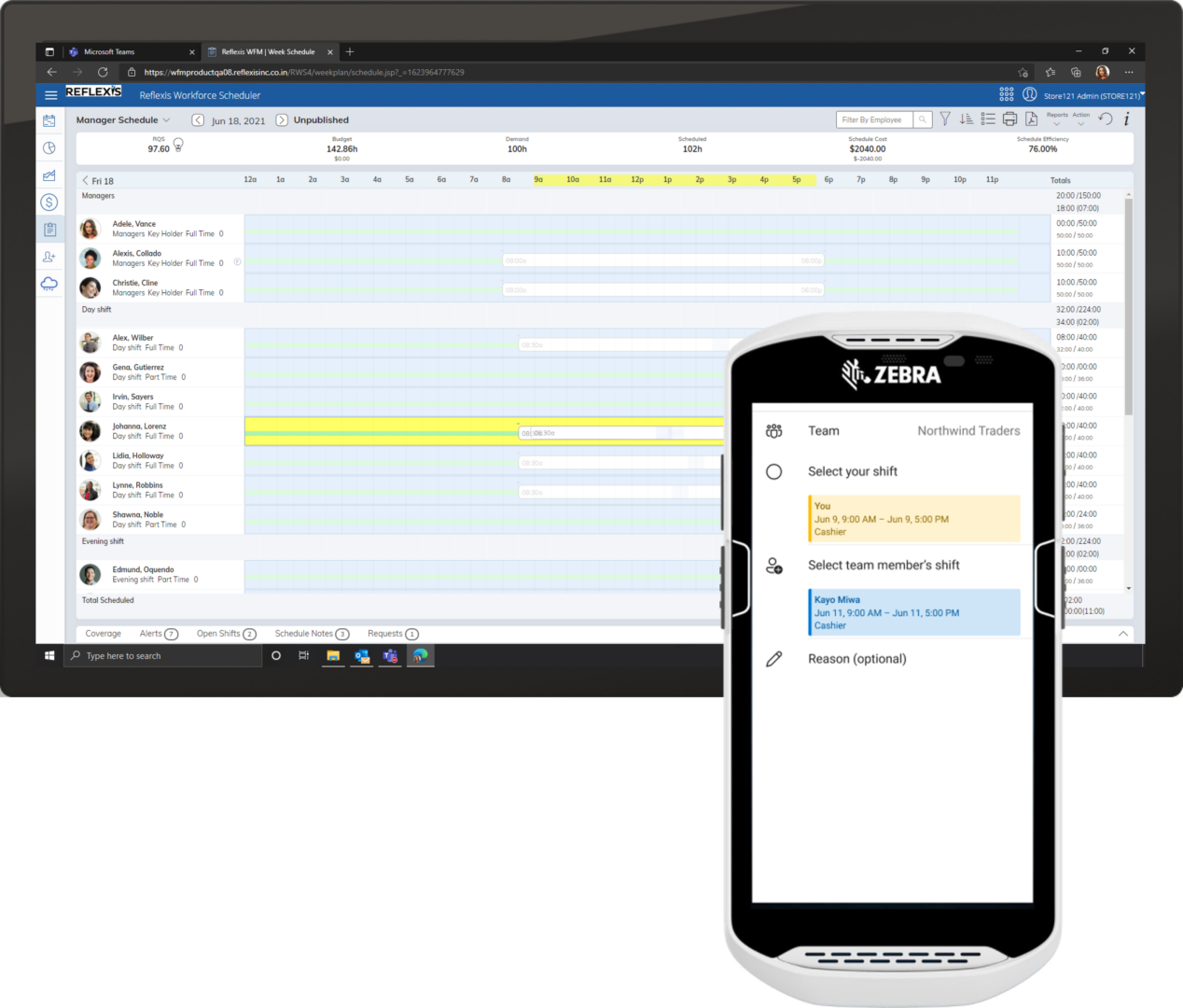 Pantalla de una tableta que muestra el sistema de administración de personal Reflexis de Zebra y pantalla de un dispositivo móvil que muestra Turnos en Teams dentro de un dispositivo Zebra; en ambas se muestra la misma información de cambio de turnos. 