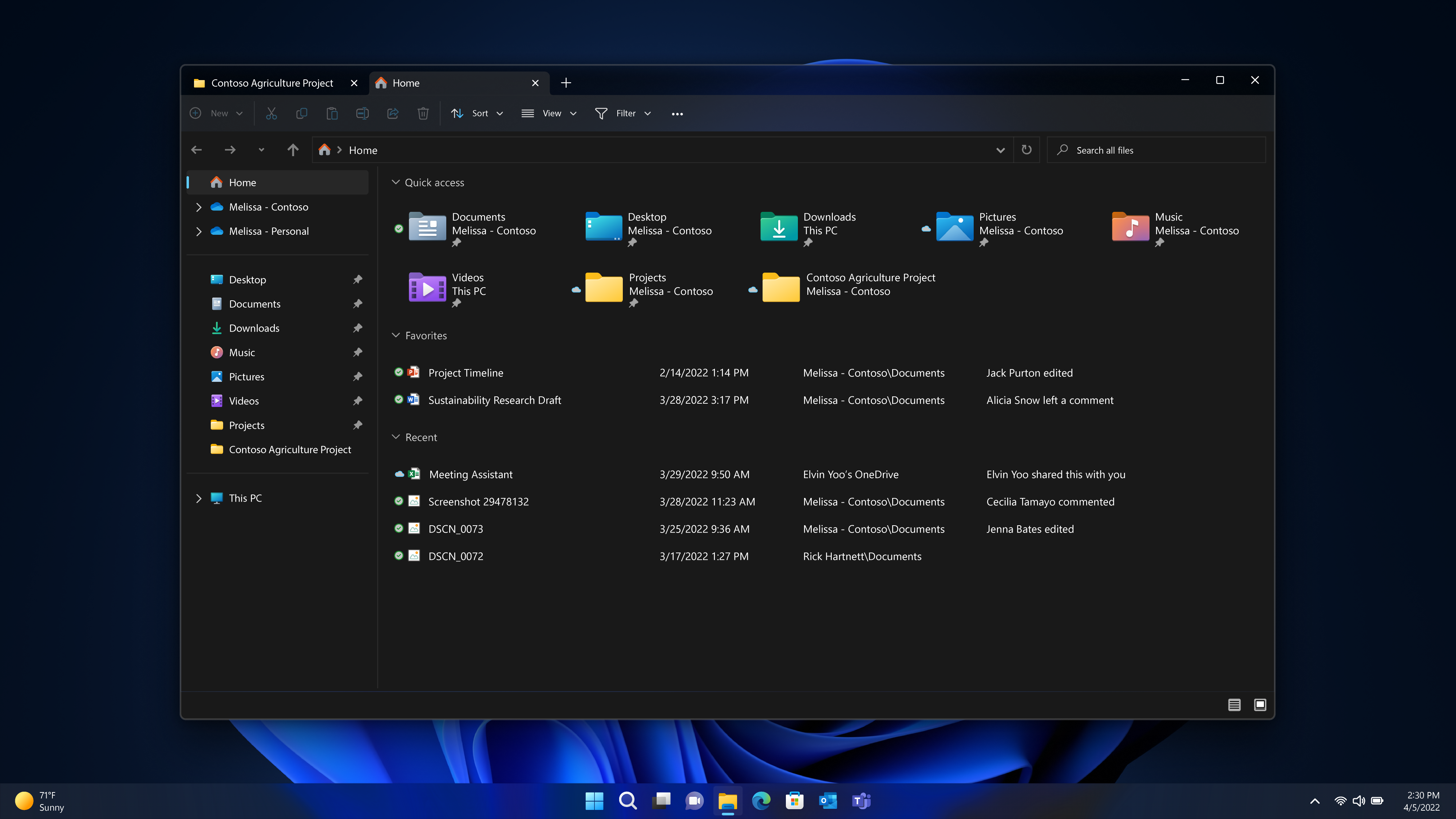 Captura de pantalla del explorador de archivos actualizado del Inicio de Windows 11.  